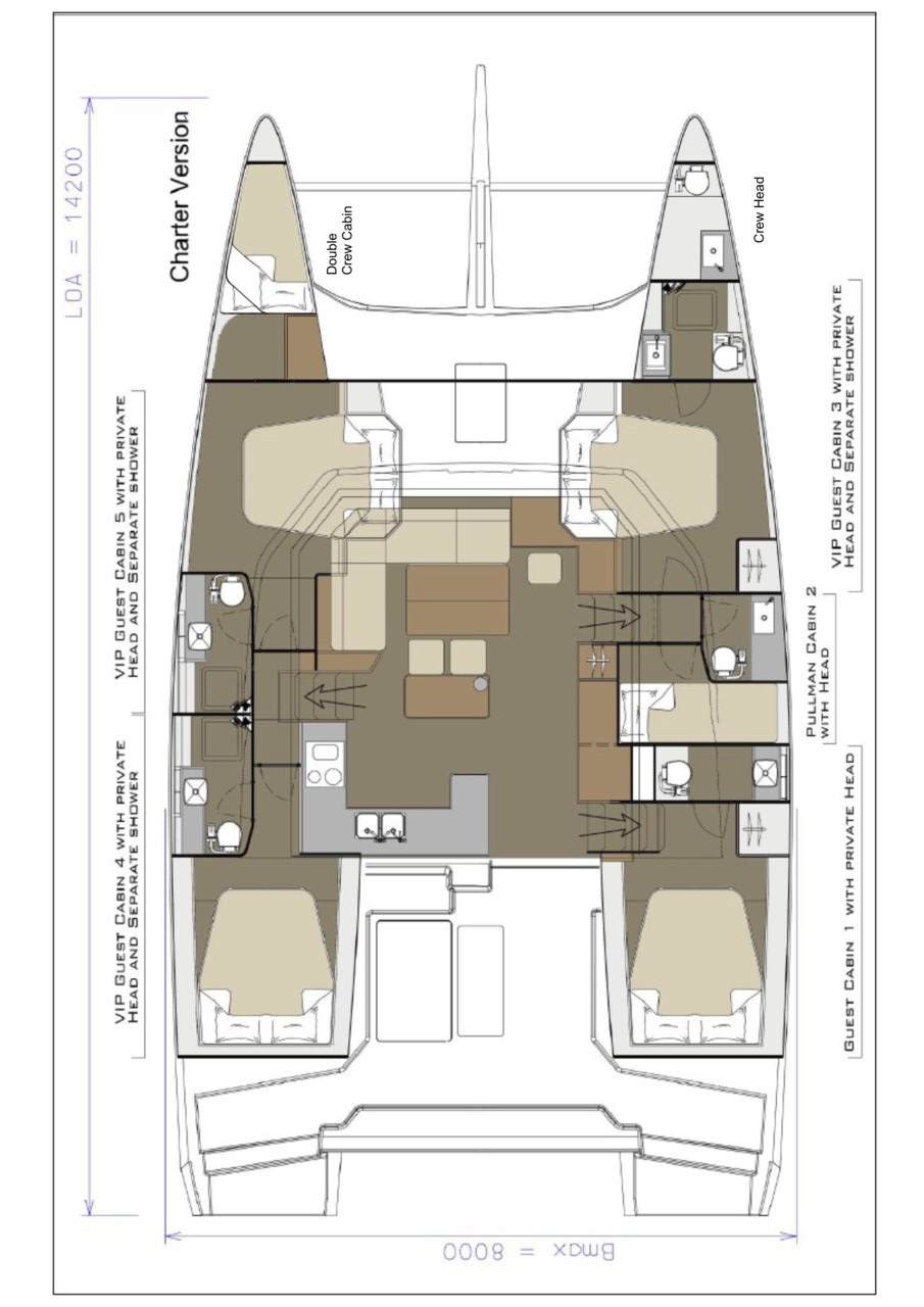 Rzut jachtu Dufour 48 Catamaran Uno