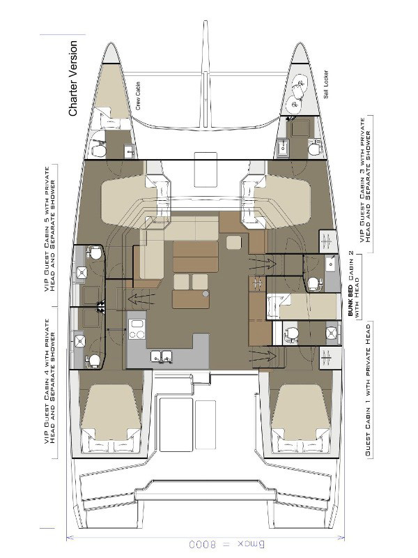 Rzut jachtu Dufour 48 Catamaran Seaven